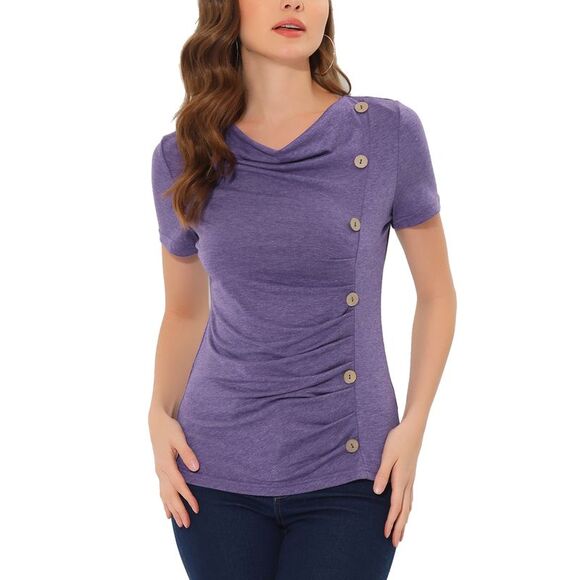 Cowl Neck Women's Short Sleeve Button Decor Ruched Casual Basic T-Shirt Purple - Picture 1 of 6